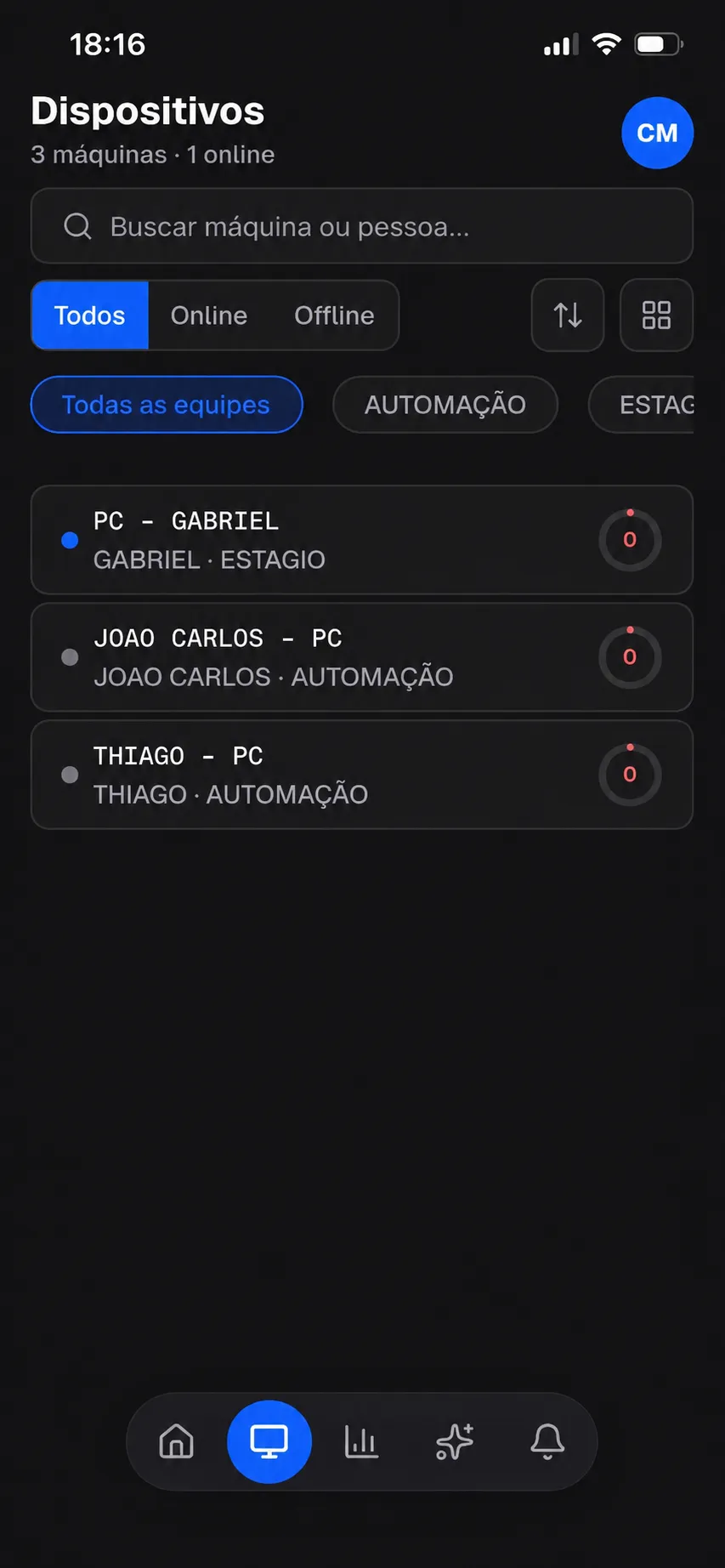 Lista de dispositivos monitorados no app MONITOR ON